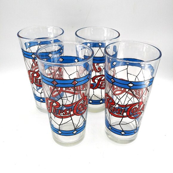 Pepsi Handbags - Vintage 1970s set of 4 Pepsi Cola Tumblers Drinking Glasses stained glass style